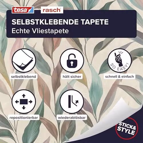 Rasch Fiesta Self-Adhesive Non-Woven Wallpaper with Multicolour Blue, Turquoise and Beige Botanical Floral Scandinavian Pattern – 2