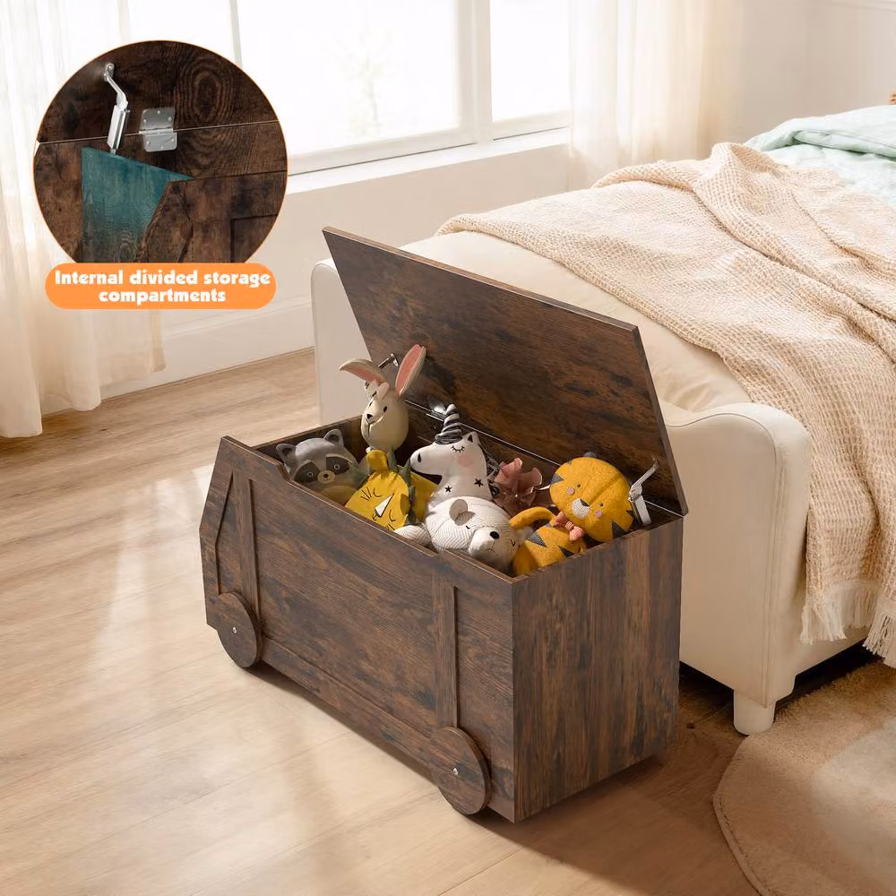 KEEPREAPER Wooden Toy Storage Box with Soft Close Lid and Castors in Brown – 5
