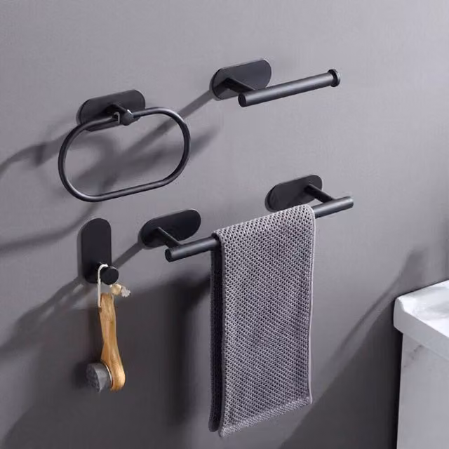 KORVIXA Black Matt Stainless Steel Bathroom Hardware Set with Toilet Paper Holder, Towel Rack and Hook – 1