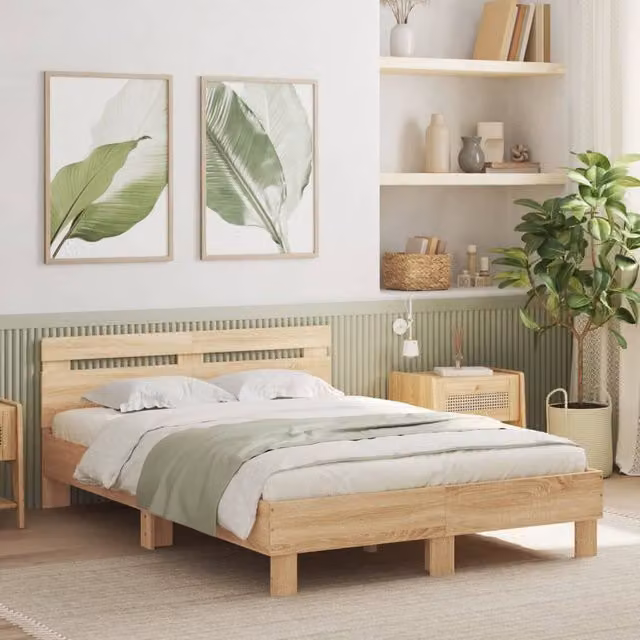 Berkfield Home Sonoma Oak Double Bed Frame with LED Lighting and USB Charging Port, Brown, W: 135 cm, L: 190 cm – 1