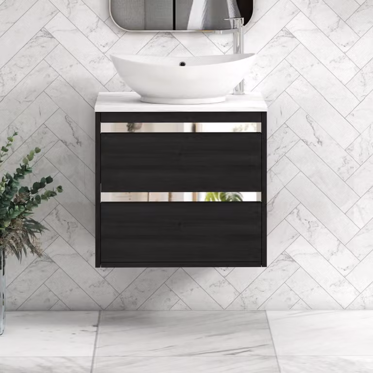 Orion 800mm Hale Wall Hung Vanity Unit by Royal Bathrooms in Black with Carrara White Countertop, Amaze Basin and Chrome Accent Trim