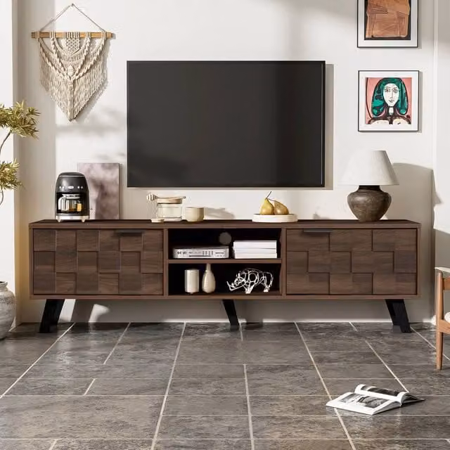 ModernLuxe Modern TV Cabinet in Brown Walnut with 2 Doors and 2 Open Shelves