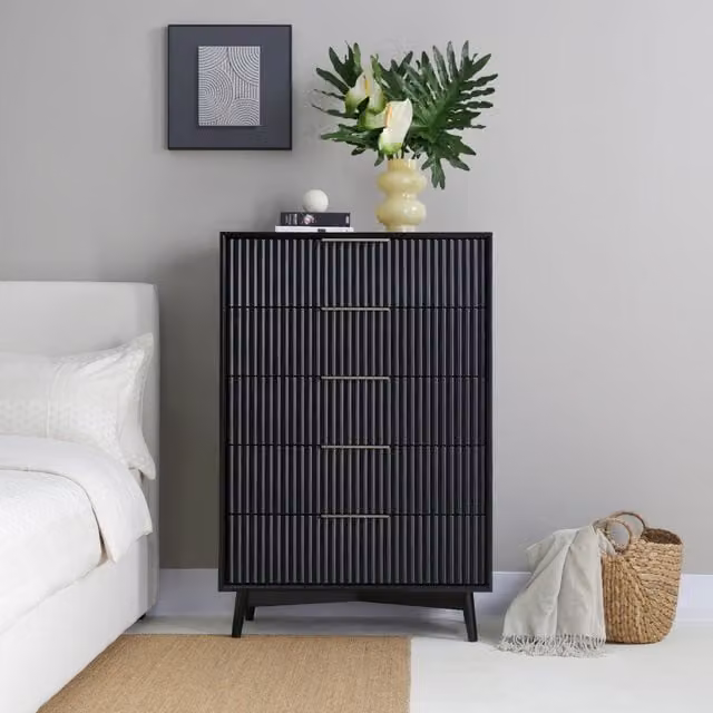 Monza Tall Chest of 5 Drawers with Fluted Detailing in Black