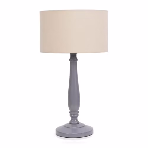ValueLights Grey Wood Traditional Table Lamp with Fabric Cylinder Shade and LED Bulb