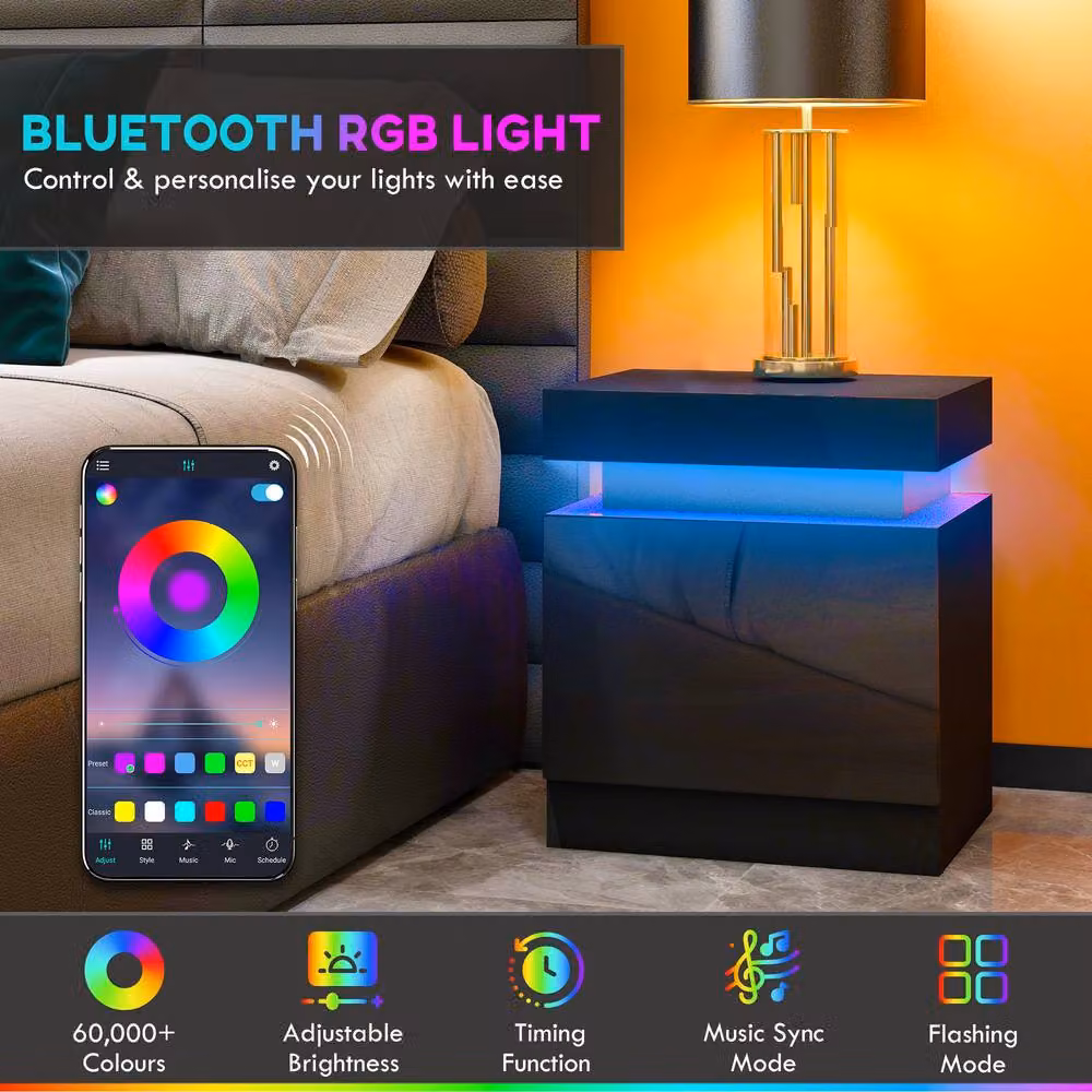 HOMCOM High Gloss Bedside Table with Integrated LED Light and 2 Drawers, Black – 4