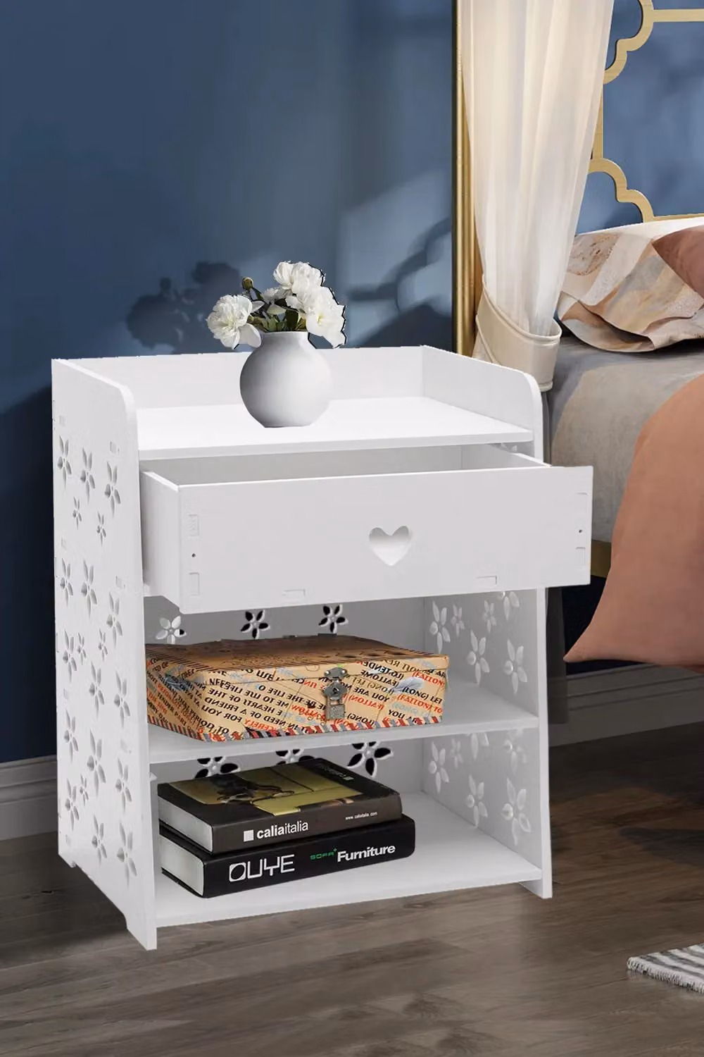 Living and Home 4-Tier Hollow Carved Floral Wooden Side Table and Nightstand with Drawer in White – 3
