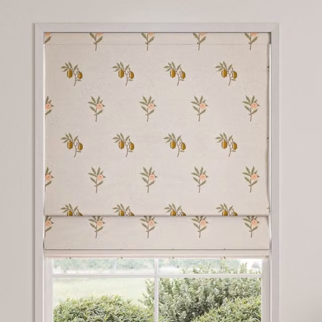 William Morris Fruit Embroidery Made To Measure Blackout Roman Blind in Sage Green and Beige