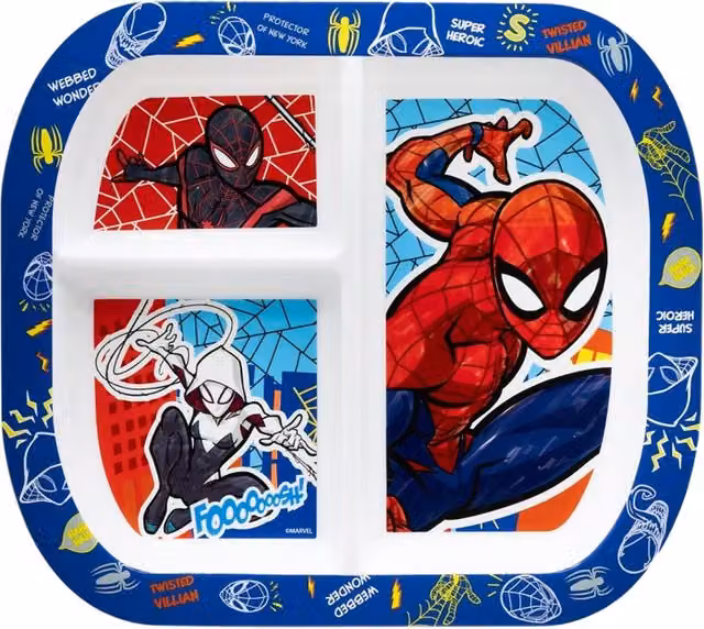 Spiderman 3 Compartment Rectangle Plastic Plate in Blue, Red and Multicolour for Children