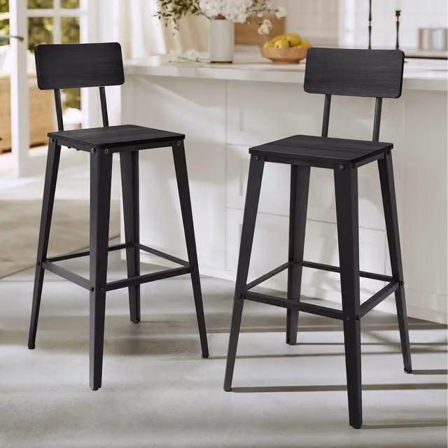 VASAGLE Set of 2 Black Industrial Metal Bar Height Stools with Back
