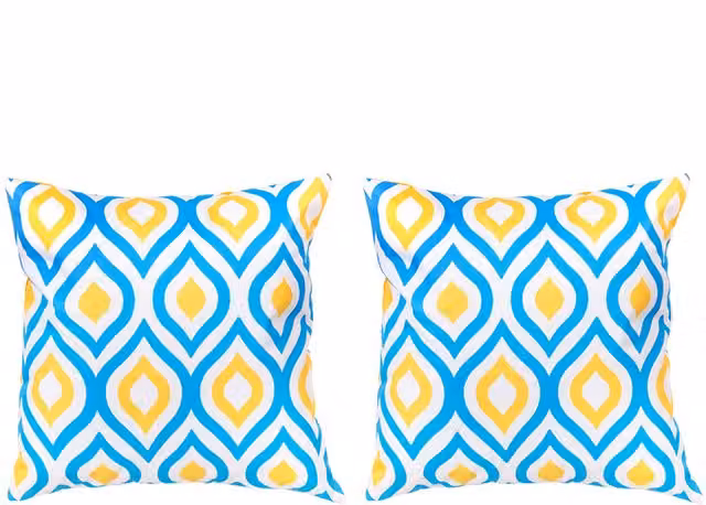 Gardenista Set of 2 Blue and Yellow Graphic Printed Square Outdoor Garden Scatter Cushions with Stain Repellent Polyester Fabric and Hollow Fibre Filling