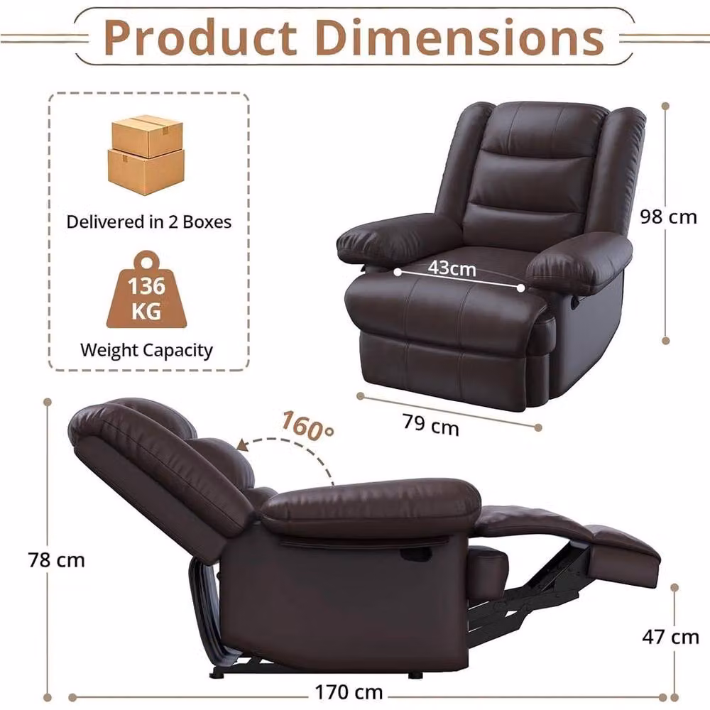 FORGEVIO Manual Recliner Armchair in Brown PU Leather with Solid Wood Frame – 2