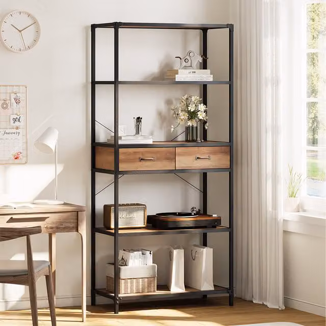 Livingandhome 5-Tier Industrial Wooden Book Shelf with Drawers in Brown and Black