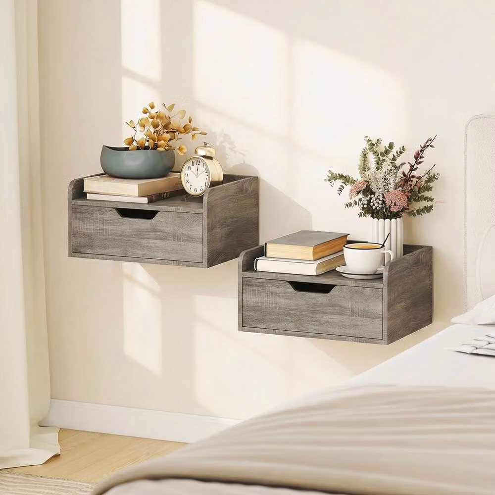 STILVORA Set of 2 Modern Wall Mounted Bedside Tables with Drawer in Grey – 2