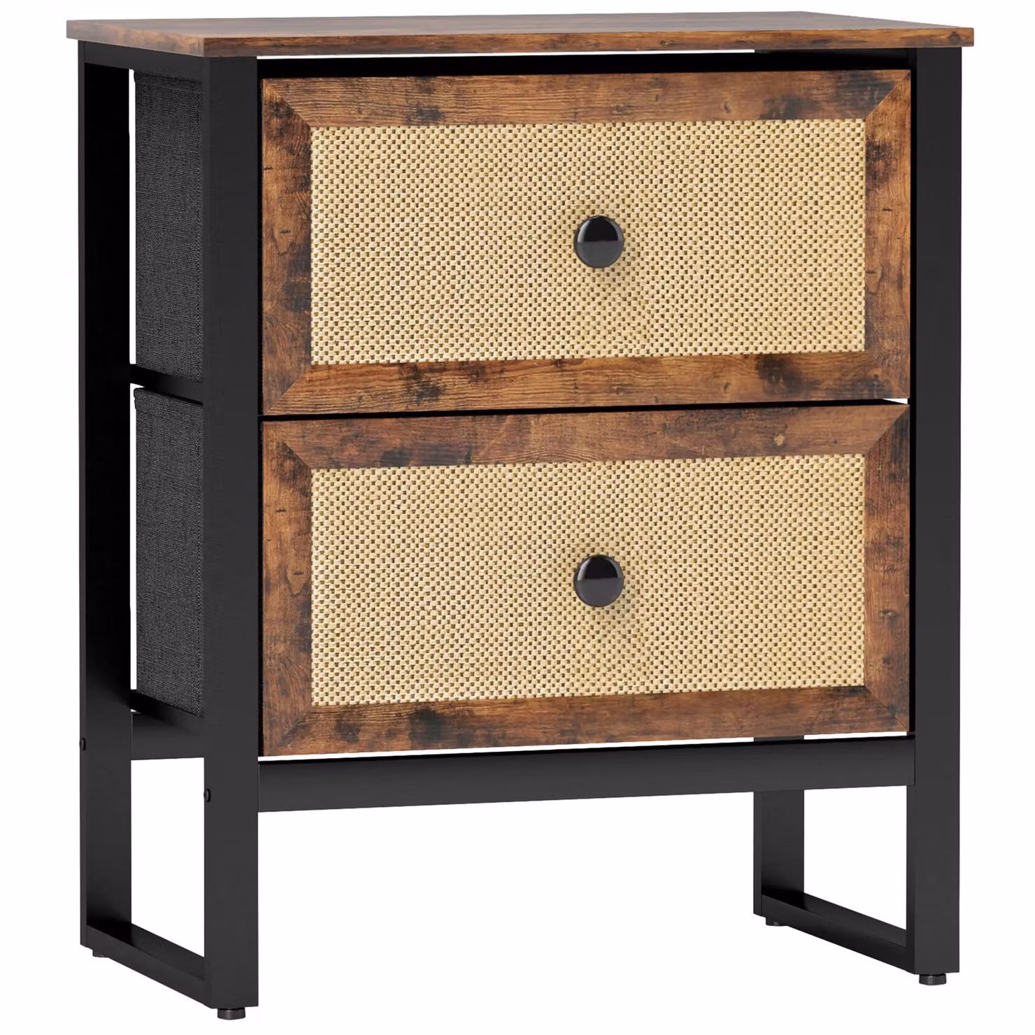 HOMCOM Bedside Table with 2 Rattan Drawers and Steel Legs, Rustic Brown and White – 2