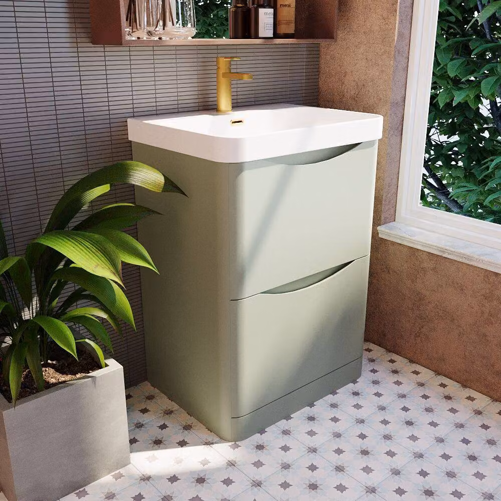 Balterley Modern Floor Standing 2 Drawer Bathroom Vanity with Ceramic Basin, Green, Width: 60 cm – 2