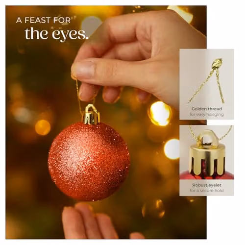 tectake 24-Pack Red Christmas Baubles with Glossy, Matt and Glittery Finishes and Golden Loops – 3