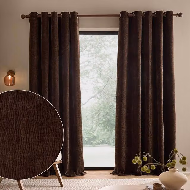 Yard Heath Brown Washed Velvet Fully Lined Eyelet Curtain Pair, Width: 168 cm, Drop: 183 cm