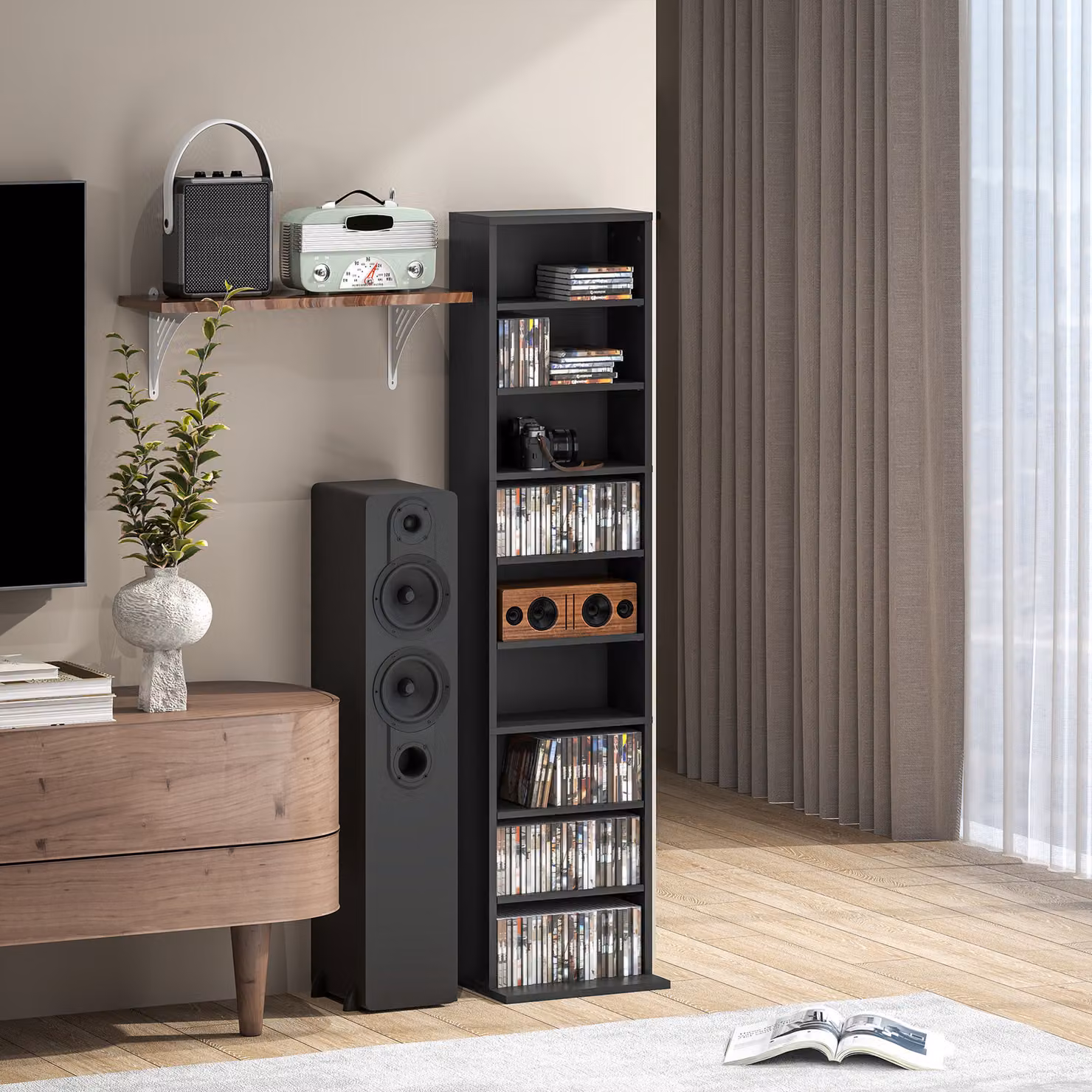 HOMCOM 260 Narrow Black CD Storage Unit with Adjustable Shelves and Media Compartments – 6