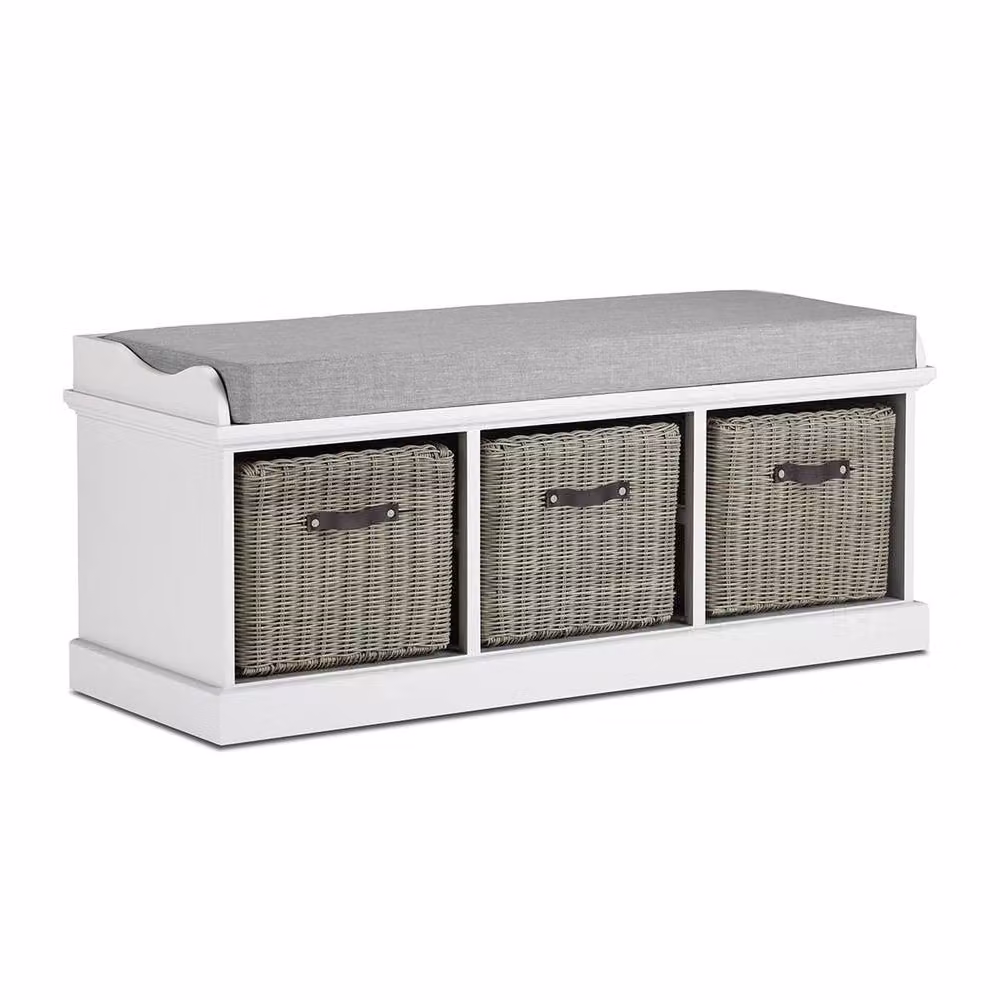 Statement Furniture Tetbury Bench in White with 3 Grey Faux Rattan Baskets and Grey Fabric Cushion – 2
