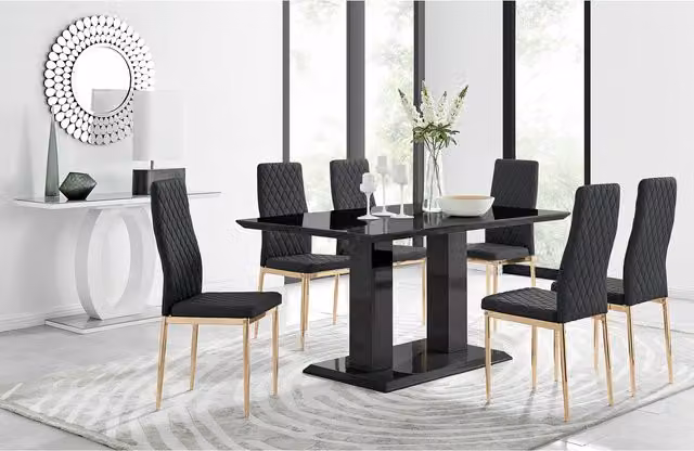 FurnitureboxUK Imperia Black Dining Set with 6 Milan Gold Leg Chairs
