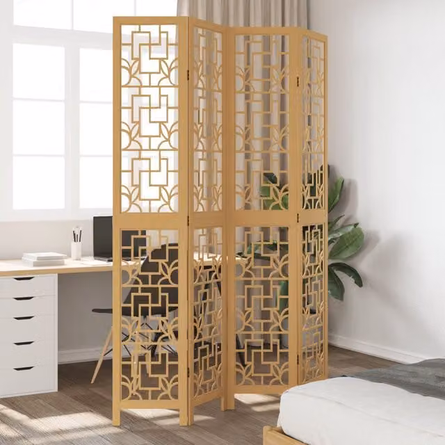 Berkfield Home 4-Panel Brown Solid Paulownia Wood Room Divider – 1
