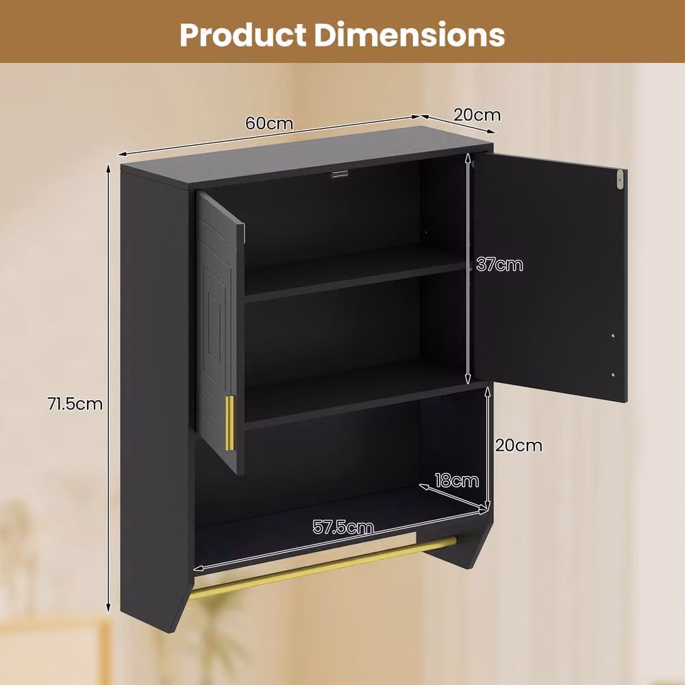 Costway Wall Mounted Black Bathroom Cabinet with Integrated Lighting and Internal Shelves – 2