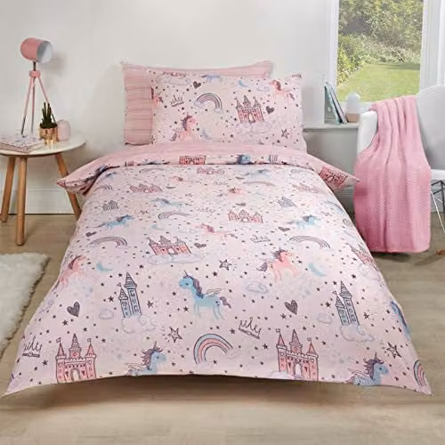 Dreamscene Unicorn Kingdom Reversible Duvet Cover and Pillowcase Set in Pink and Purple, Double (Duvet: 200 x 200 cm, Pillowcase: 40 x 60 cm)