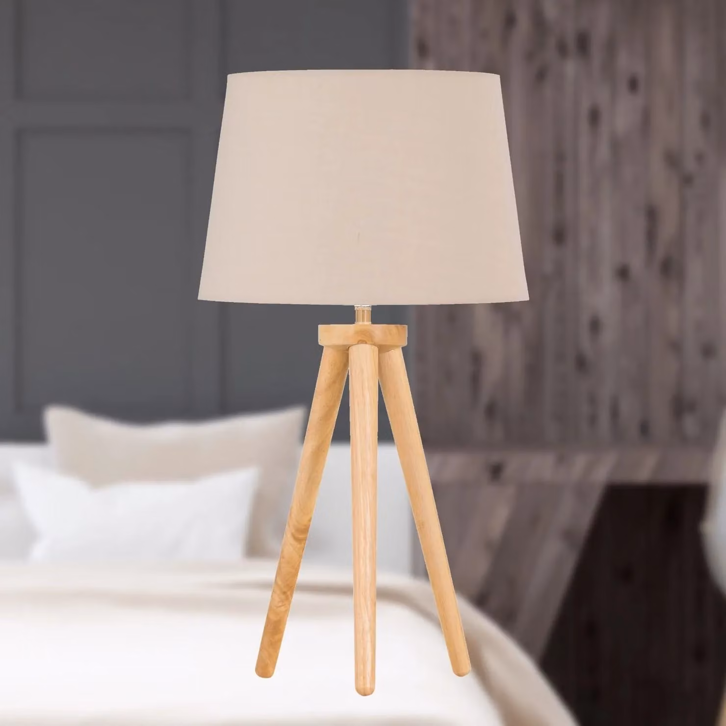 First Choice Lighting Voyage Wood Table Lamp with Beige Fabric Shade in Brown and Beige – 2