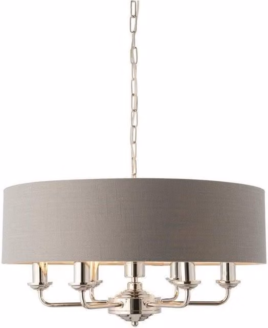 Netlighting Highclere Cylindrical Pendant Light in Grey Fabric with Bright Nickel Plate