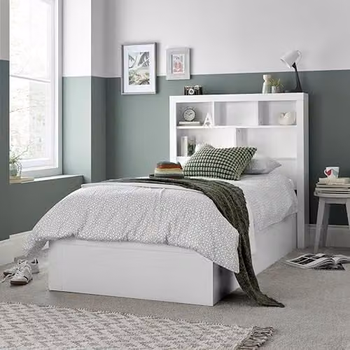 Bedmaster Oscar White Wooden Ottoman Bed Frame with Bookcase Storage and Lift Up Base, Single, W/D/H: 90 x 190 cm – 2
