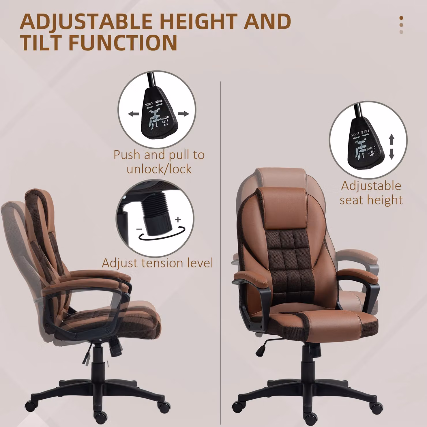 HOMCOM Executive Office Chair in Brown Synthetic Leather with High Back, Armrests and Headrest, Swivel W/D/H: 65 x 69 x 120 cm – 7