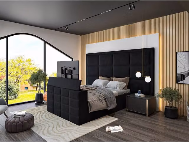 Casani New York Upholstered TV Bed Frame in Petrol Blue Boucle Fabric, W/D/H: 140 x 200 cm