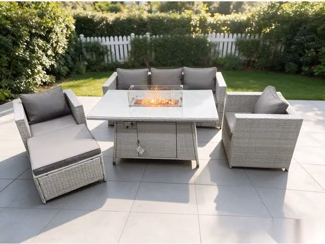 Fimous Modern Rattan Gas Fire Pit Garden Furniture Set with Burner Stool in Light Grey