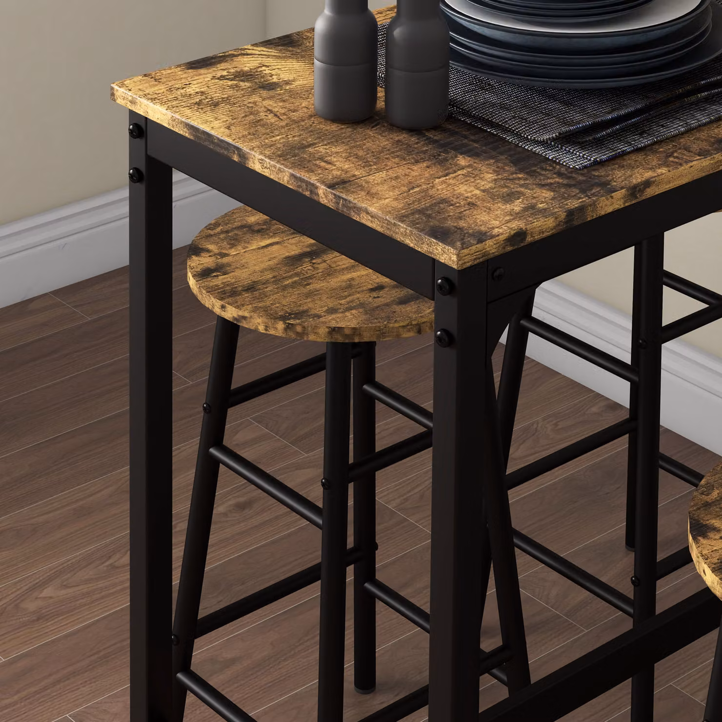HOMCOM 5 Piece Industrial Bar Table and Stool Set in Rustic Brown and Black – 6