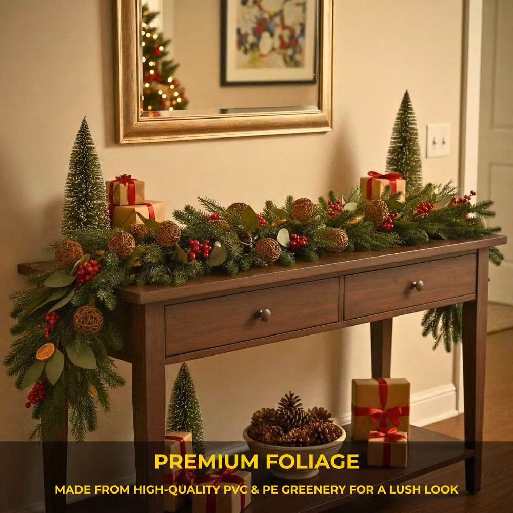 Shatchi 1.8m Rustic Christmas Garland with Eucalyptus Foliage, Orange and Berry Decorations in Red, Orange and Green – 10