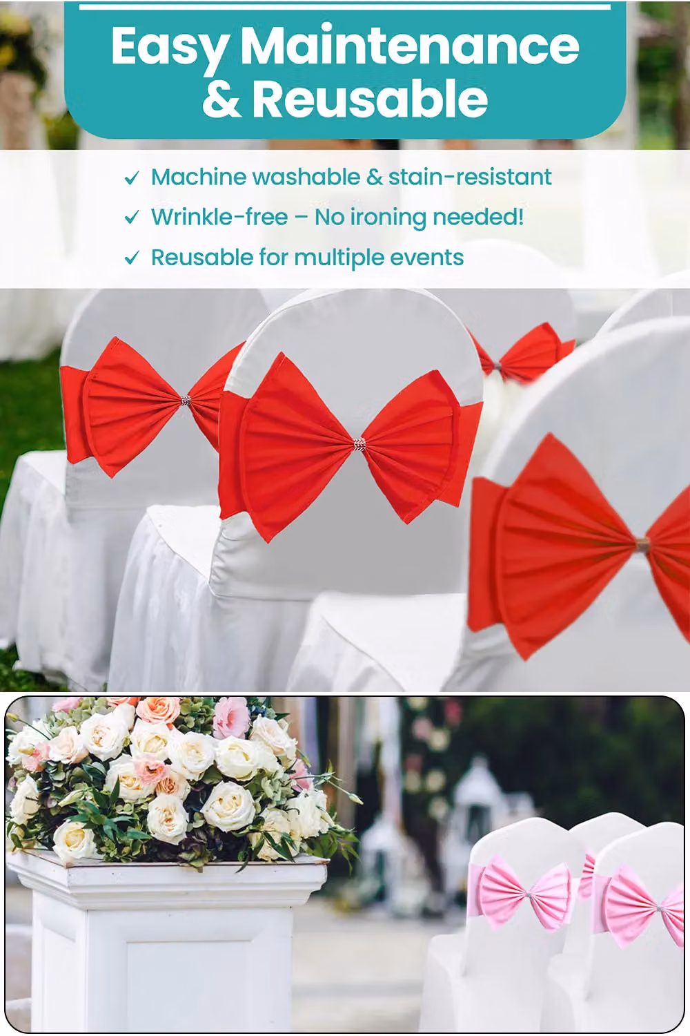 Neel Blue Pack of 10 Stretchy Chair Sash Bands with Slider Buckles in Red – 3