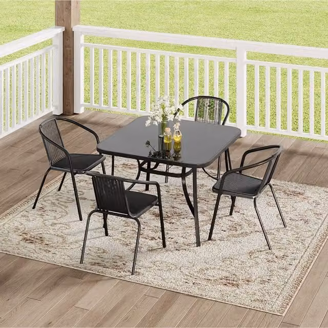Komore Black Rattan Patio Set with Tempered Glass Table and 4 Chairs