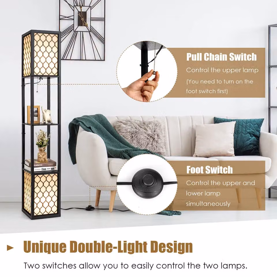 Costway Double Floor Lamp with 2-Tier Storage Shelves, Black and Wood, E27, H 156 x W 26 x D 26 cm – 4