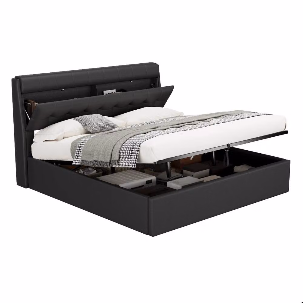 Rolipo Black PU Upholstered Hydraulic Storage Bed with Lift Up Base, W/D/H: 150 x 200 cm – 7