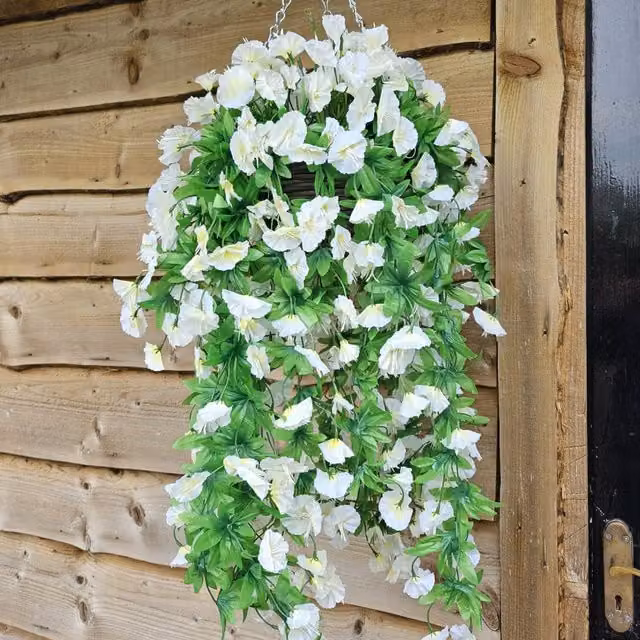 Best Artificial Ltd Morning Glory Trailing Flowers with Ivory White Rattan Wicker Hanging Baskets