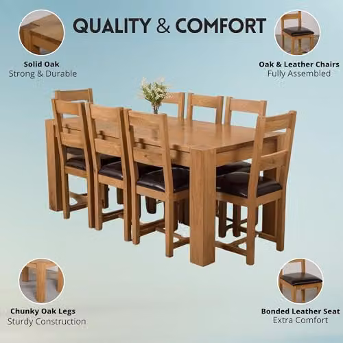 Oak Furniture King Kuba 8 Seater Solid Oak Dining Set with Lincoln Upholstered Leather Chairs, Natural Finish, W/D/H: 180 x 90 x 78 cm – 2