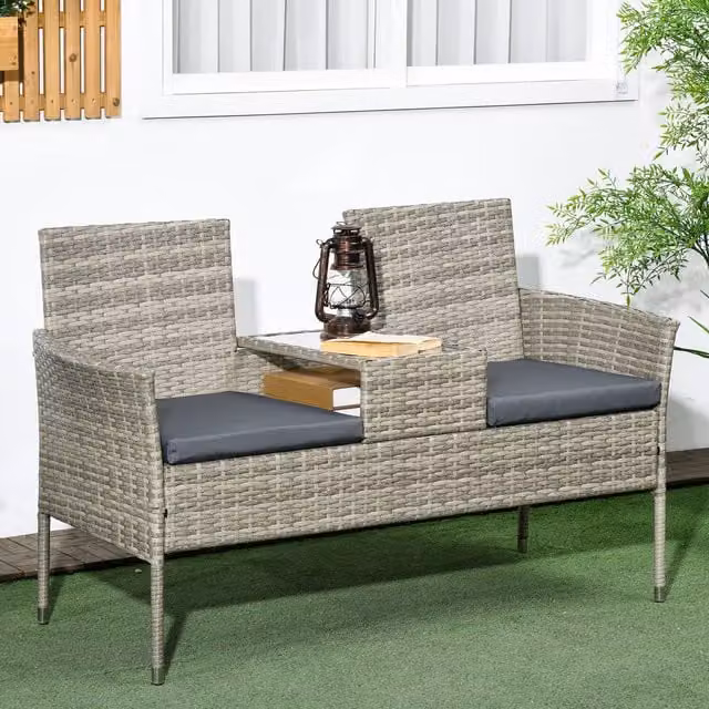 Outsunny Modern Rattan Garden Bench with Glass Coffee Table in Light Grey