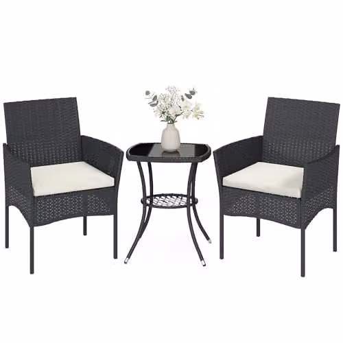 Outsunny 3 Piece Rattan Bistro Set with Upholstered Cushions and Glass-Top Coffee Table in Black and White – 1