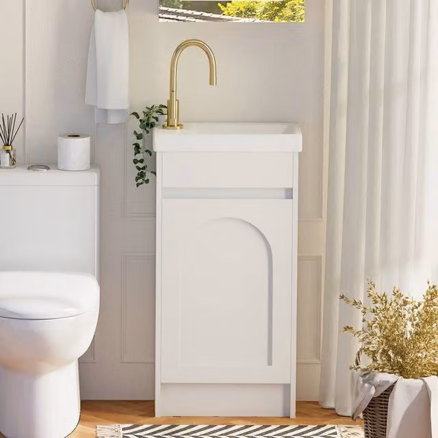 KEEPREAPER Modern White Glossy Bathroom Vanity Unit with Ceramic Sink and Internal Shelves