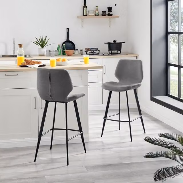 FurnitureboxUK Nyla Set of 2 Modern Upholstered Fabric Counter Stools in Grey with Black Metal Legs – 1