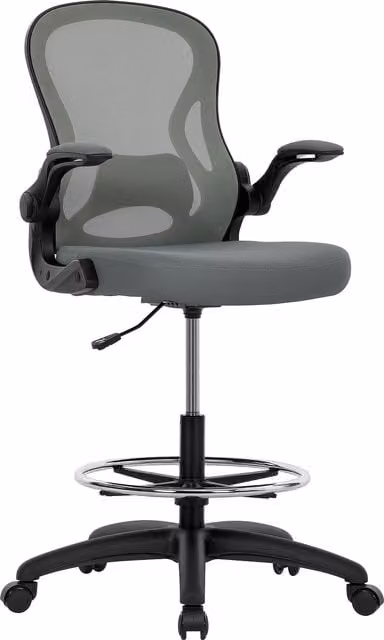Vinsetto Draughtsman Chair with Flip-up Armrests and Adjustable Foot Ring, Grey Fabric Mesh Standing Desk Chair, W/D/H: 52 x 12 x 72 cm – 1