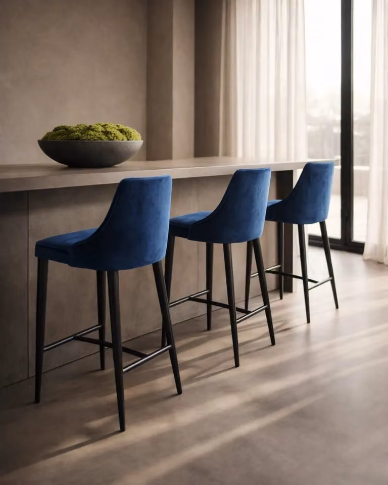 Tommy Franks Alain Modern Blue Velvet Upholstered Bar Stool with Metal Frame