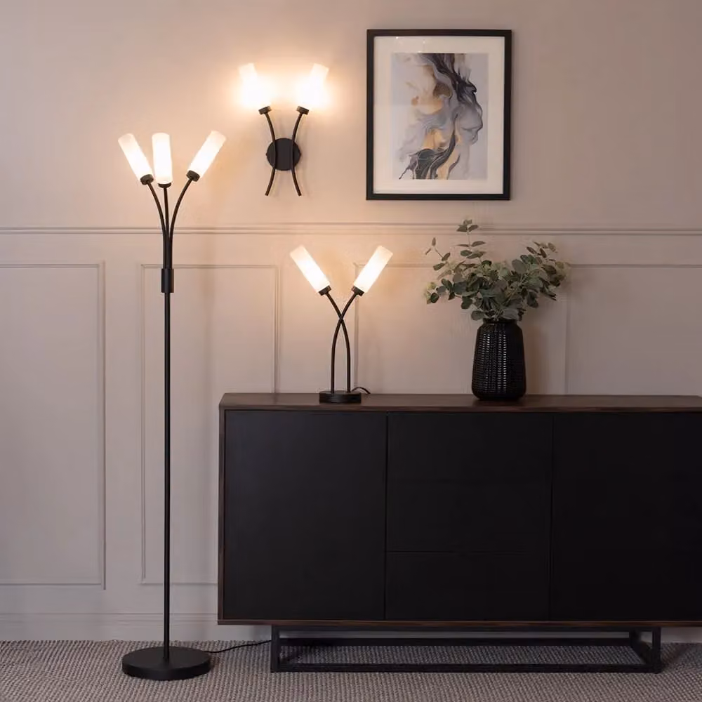 ValueLights Maya 2 Way Curved Upright Reed Glass Wall Light in Black and Gold – 3
