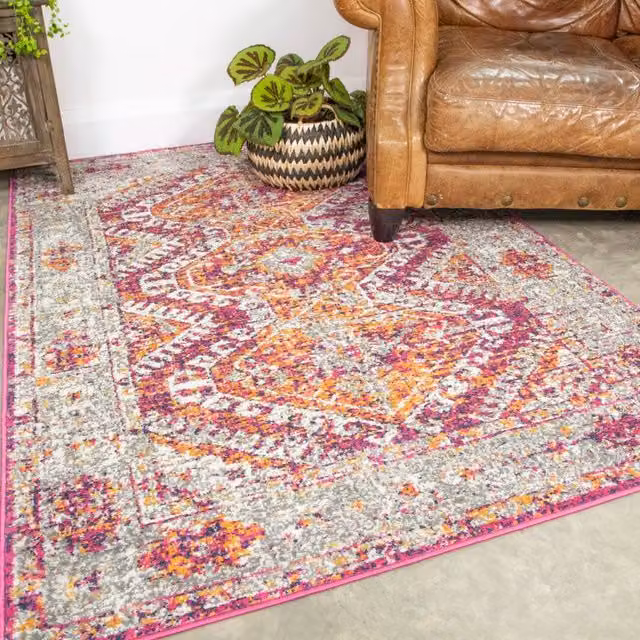 Kukoon Pink and Grey Geometric Medallion Bordered Rug, W/D/H: 60 x 240 cm