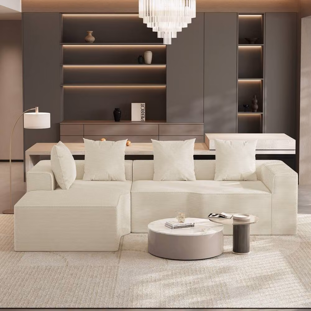 Dprodo Beige Corduroy Left-Facing L-Shaped Modular Sofa with Scatter Cushions, Width: 320 cm – 2